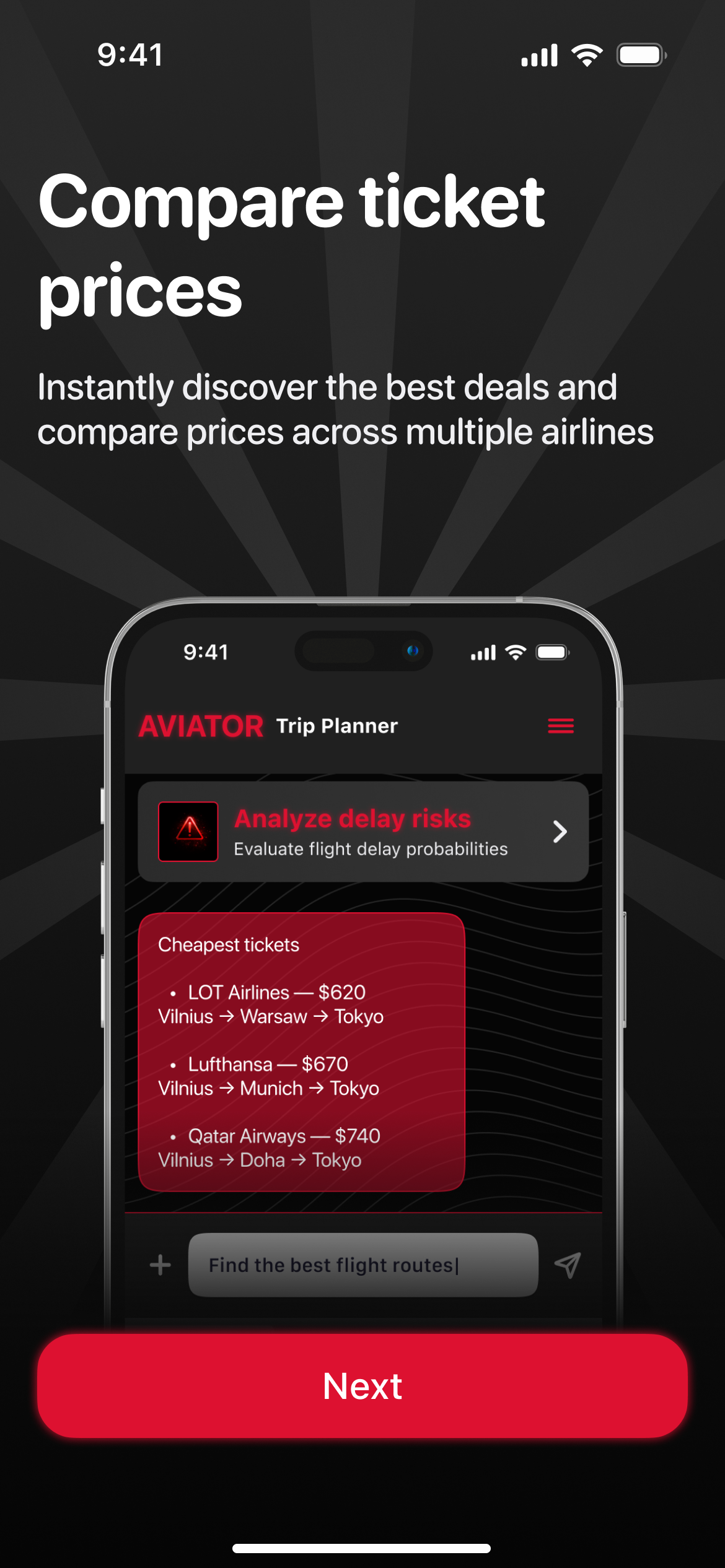 App screenshot — itinerary analysis